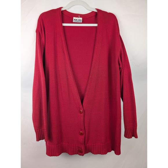 Vtg 100% Cotton Red V Neck Button Cardigan Sweater L Baggy 90s Y2K Preppy Ivy - Picture 2 of 10